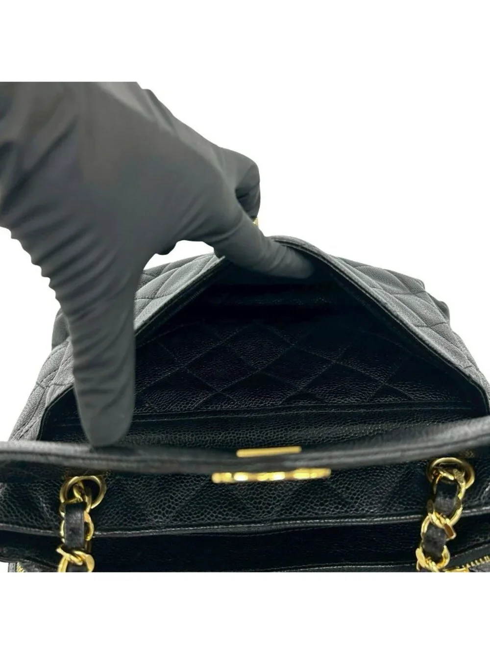 Chanel Vintage Quilted CC Logo Caviar Leather Shoulder Bag Tote Black